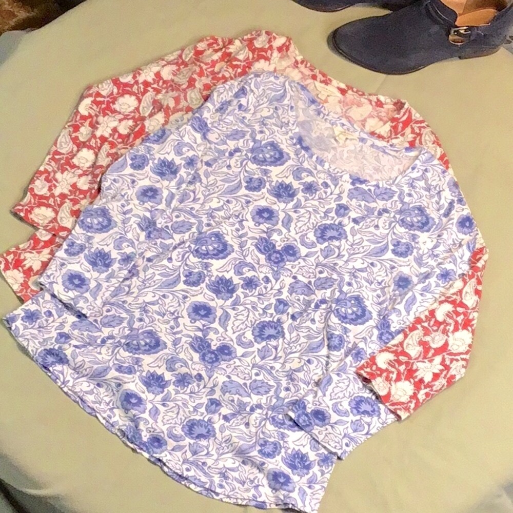 🍀 LUCKY BRAND 2 Botanical Print 3/4 Sleeve Scoop Hemline Tees Sz.S - Picture 8 of 8